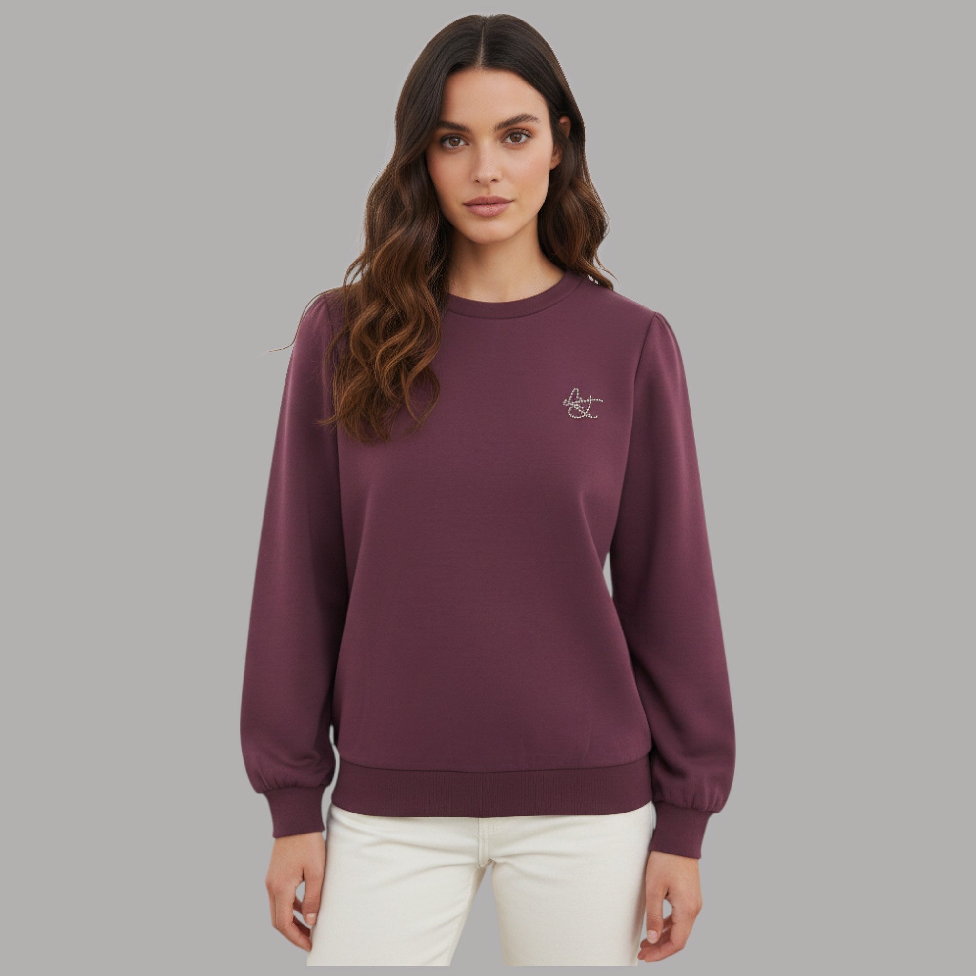 Felpa Liu Jo in scuba bordeaux con logo strass, girocollo, dettaglio cuciture e maniche a palloncino