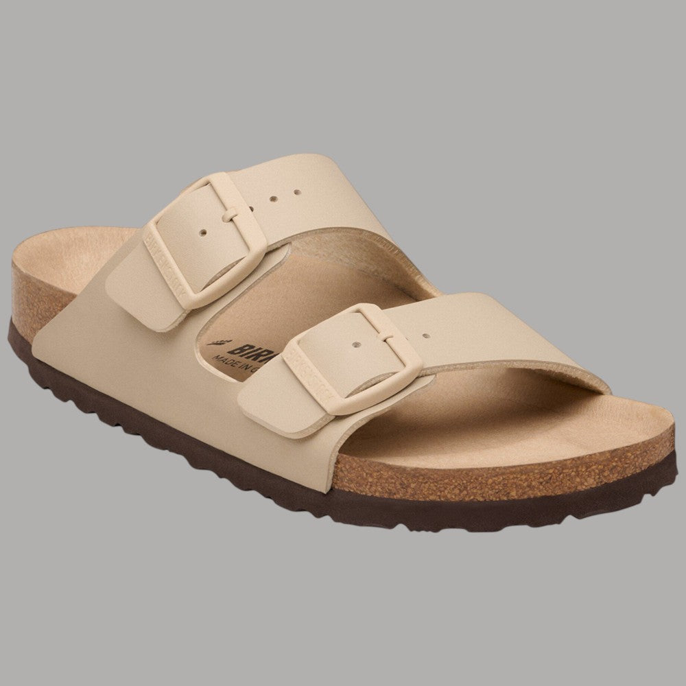 Birkenstock Arizona triples sandcastle ciabatte donna beige con due fibbie in Briko Flor
