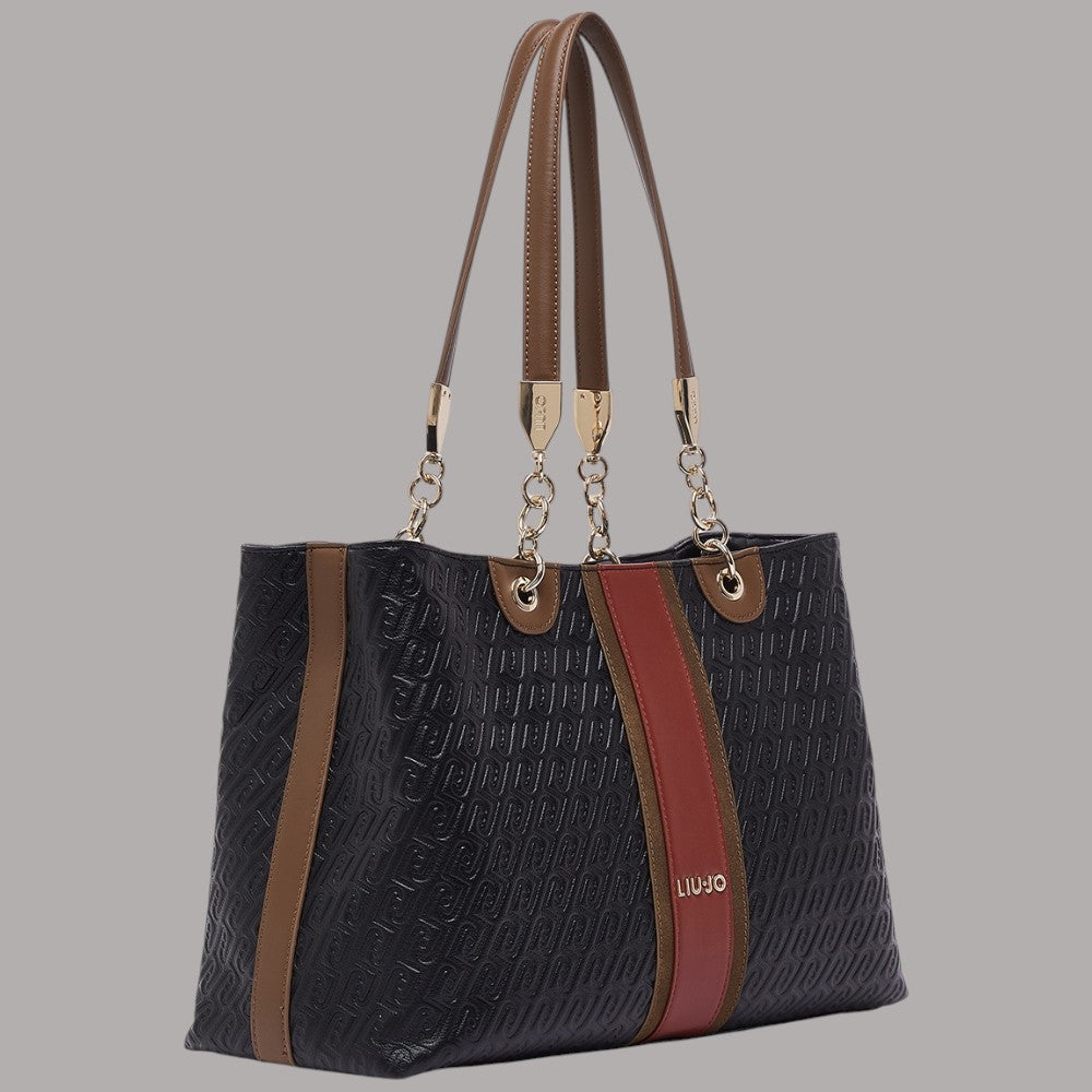 Liu Jo borsa tote media nera con dettagli in marrone e rosso, logo embossed AF6104E1141