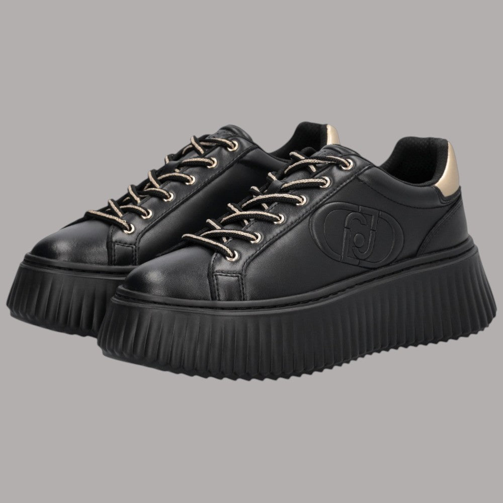 Sneaker platform nere con lacci e maxi logo con bordi dorati