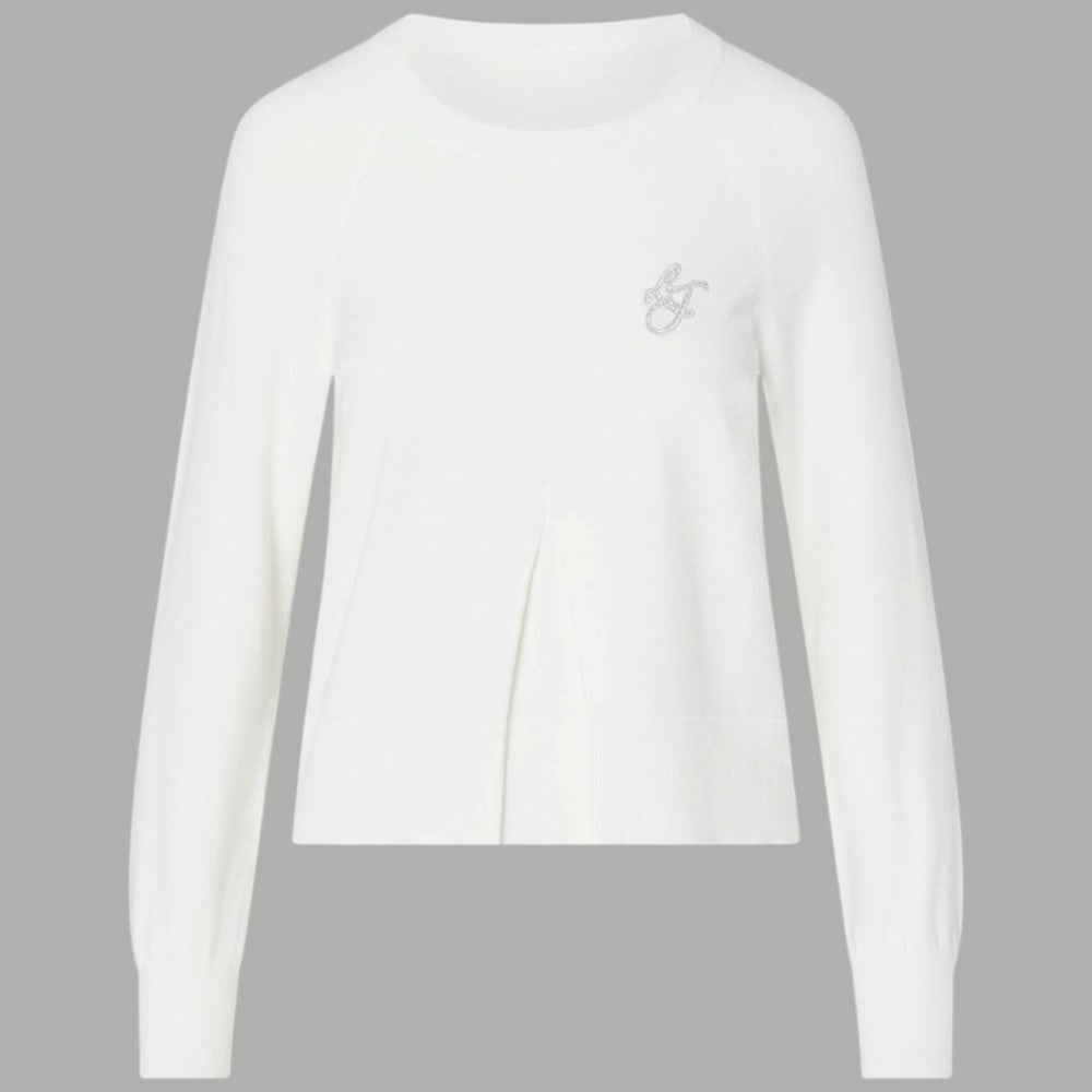 Maglia bianca Liu Jo girocollo con maniche lunghe, piega frontale e logo decorativo sul petto