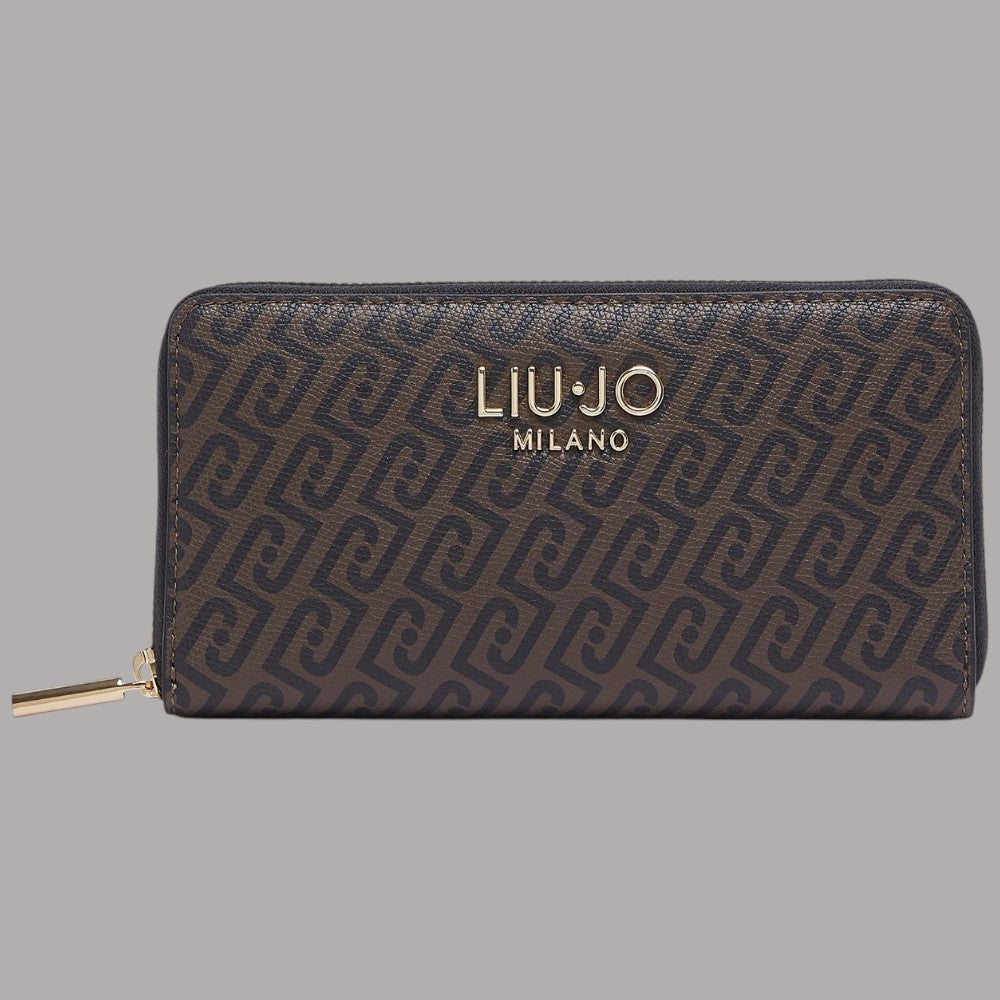 Portafoglio Liu Jo zip around XL marrone scuro con monogramma e logo "LIU•JO MILANO"