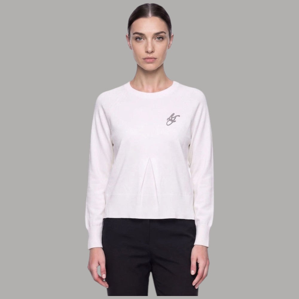 Maglia bianca Liu Jo girocollo a maniche lunghe con logo sul petto e piega frontale