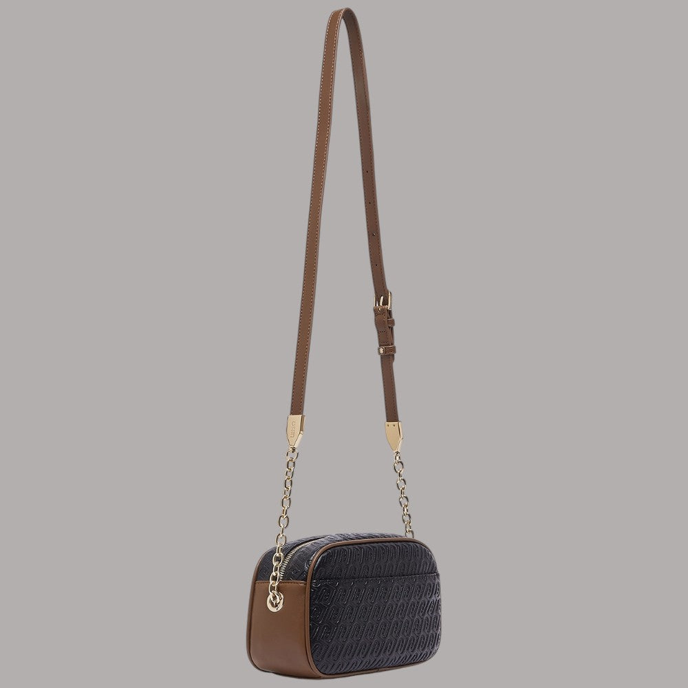 Borsa a tracolla con catena e chiusura superiore, struttura compatta goffrata nera e marrone