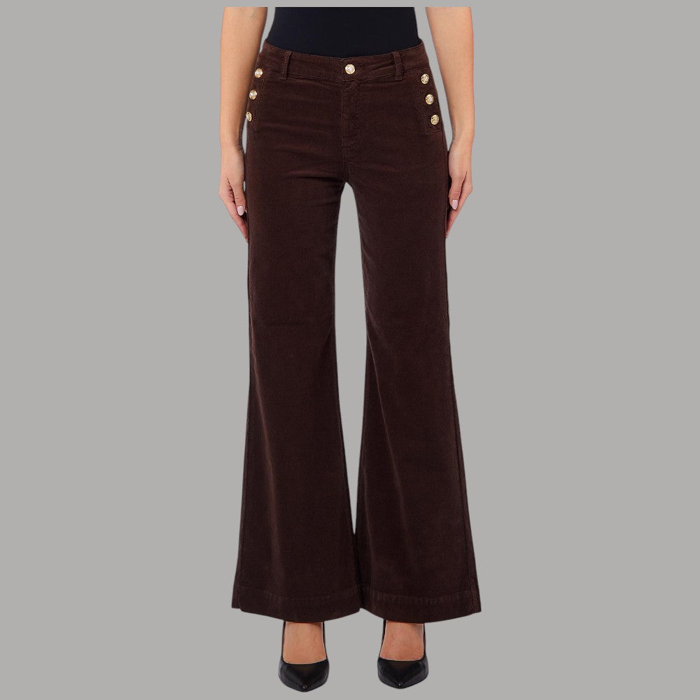 Pantaloni Liu Jo in velluto a coste marrone scuro, vita alta, gamba flare e bottoni decorativi