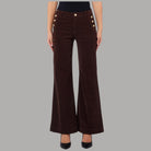 Pantaloni Liu Jo in velluto a coste marrone scuro, vita alta, gamba flare e bottoni decorativi