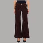 Pantaloni Liu Jo in velluto a coste marrone scuro, vita alta, gamba flare e bottoni decorativi