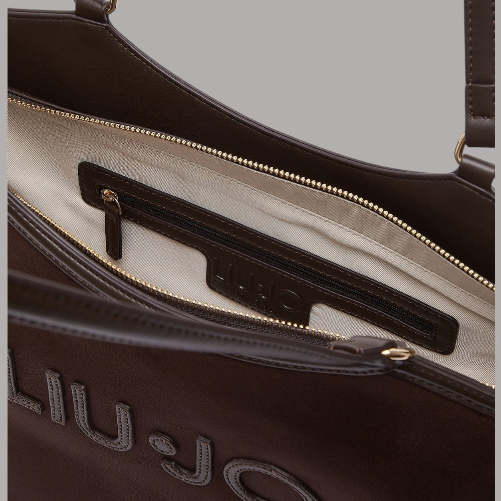 Borsa a spalla Liu Jo tote grande effetto scamosciato marrone con dettagli in oro