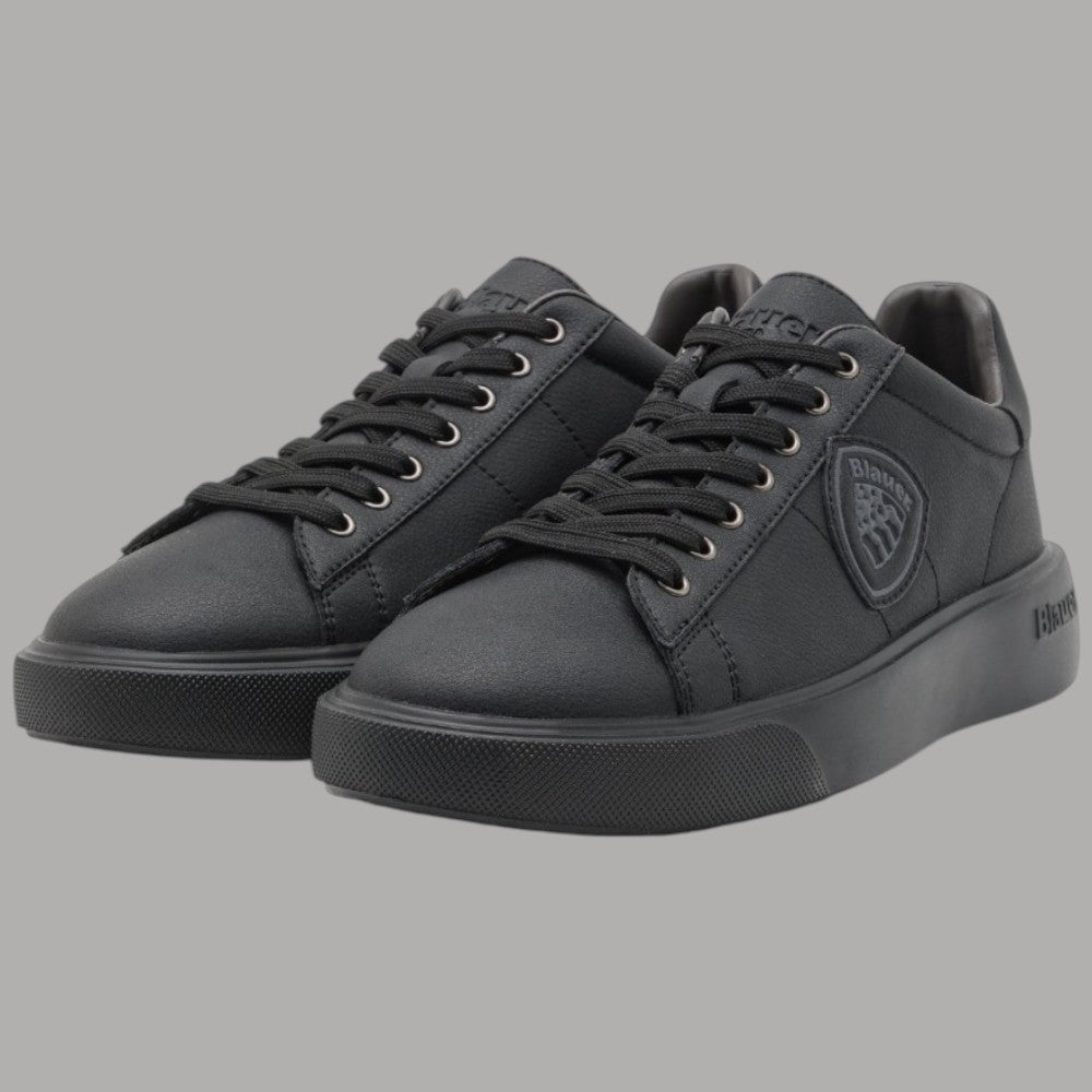 Sneakers uomo Blauer nere in pelle con logo su lato e suola spessa in gomma