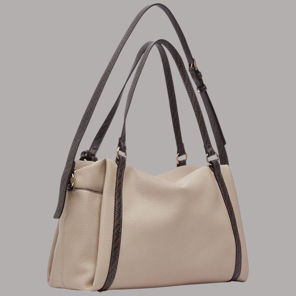 Borsa a spalla media Liu Jo Ilyana M in effetto grana color beige con dettagli color cioccolato