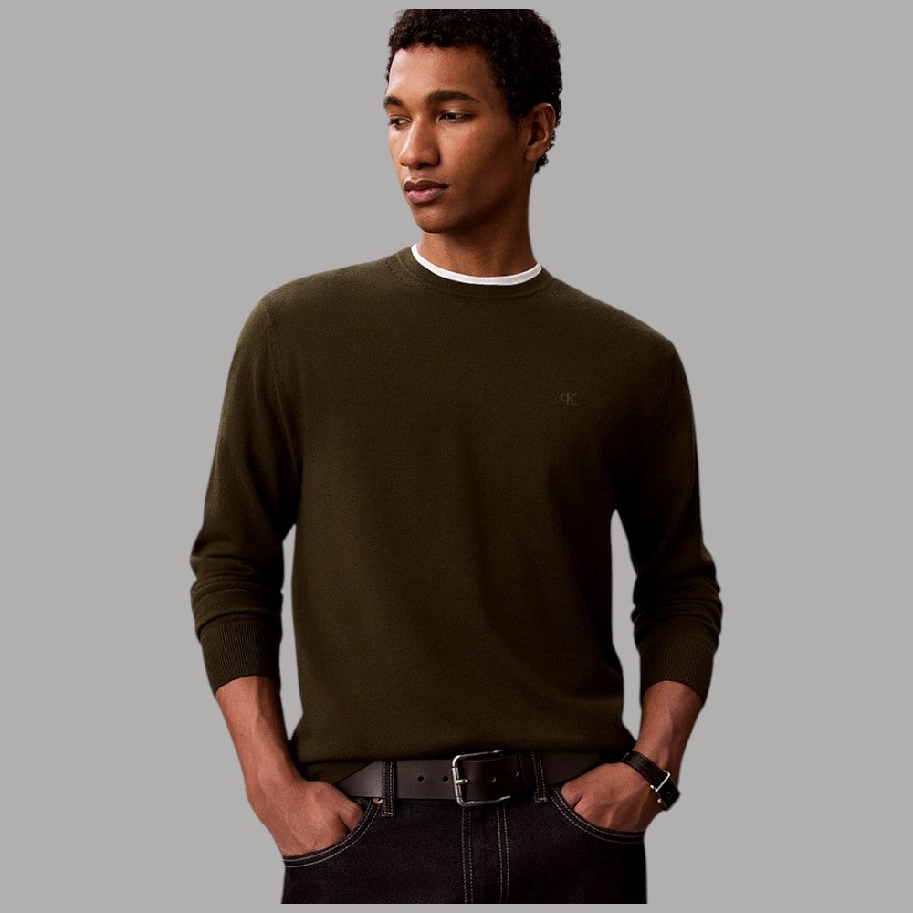 Calvin Klein maglione in lana merino verde con logo ricamato fronte