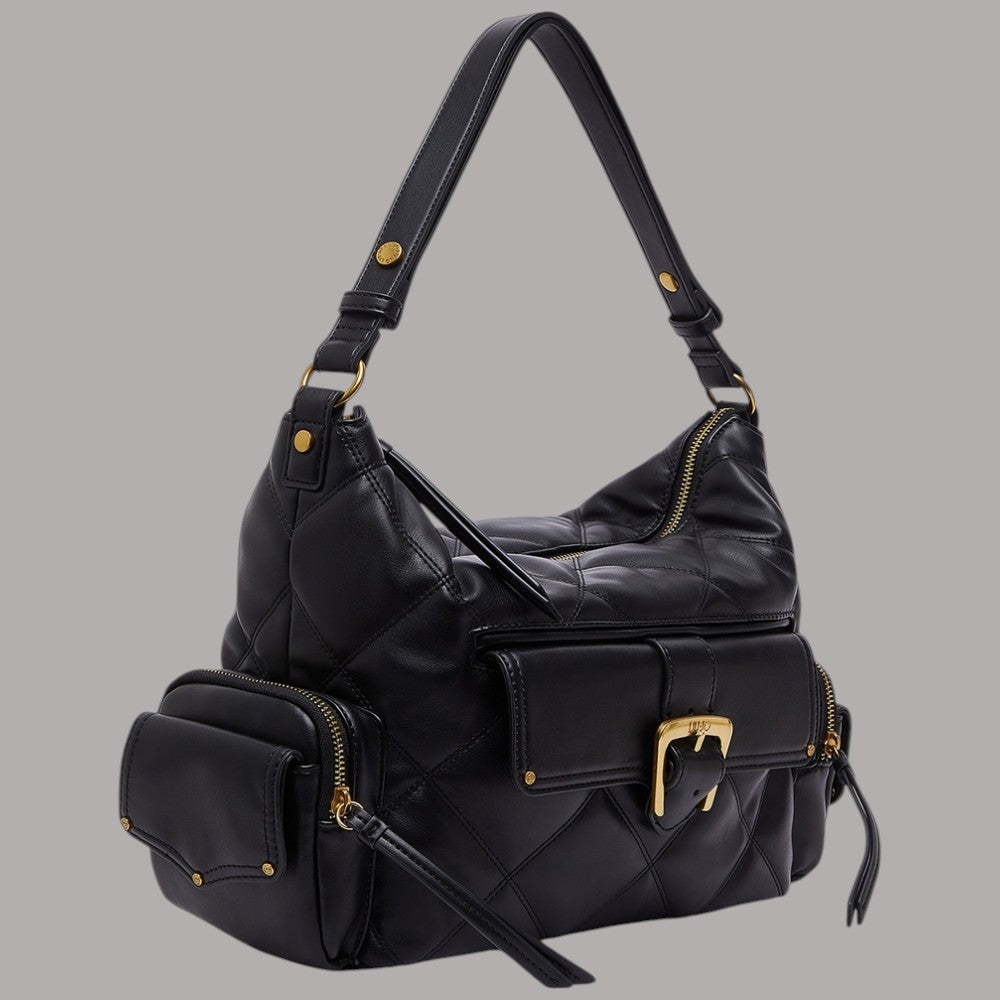 Borsa hobo media Liu Jo in matelassè nero con dettagli oro e tasca frontale