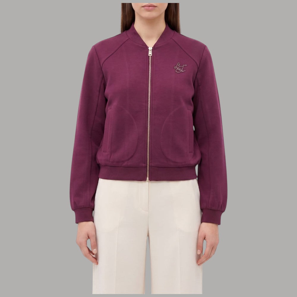 Felpa scuba Liu Jo con logo strass colore bordeaux con zip frontale