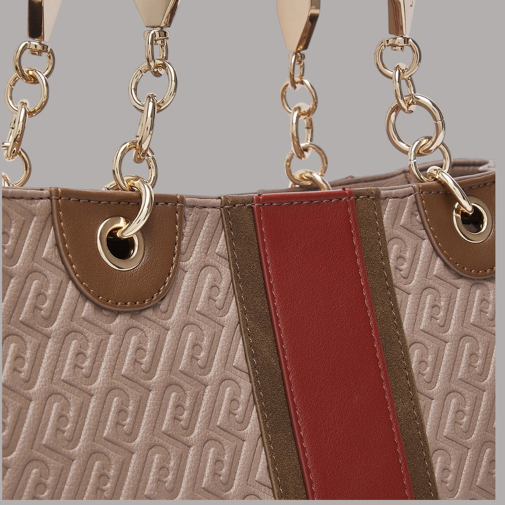 Borsa tote media Liu Jo in fantasia beige con dettagli in rosso e oro, logo embossato