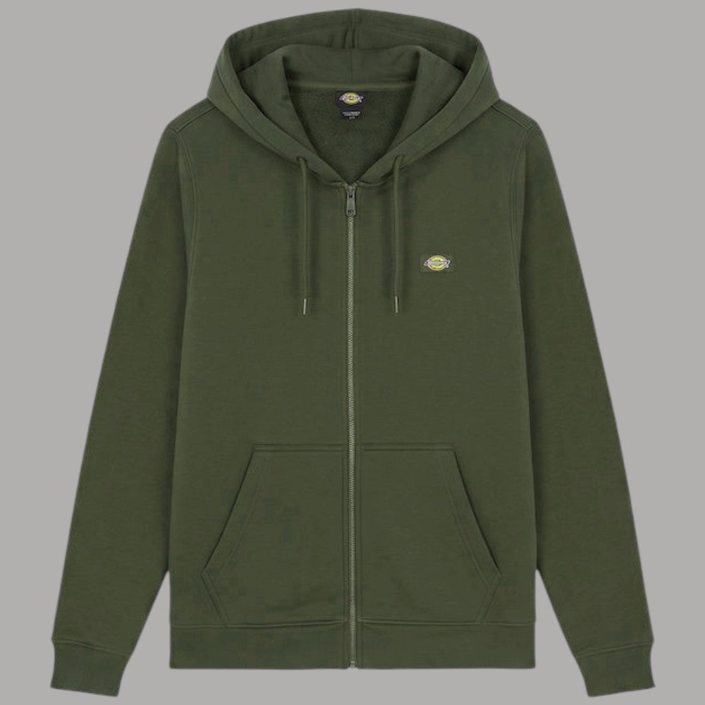 Felpa verde con cappuccio e zip frontale con patch Dickies