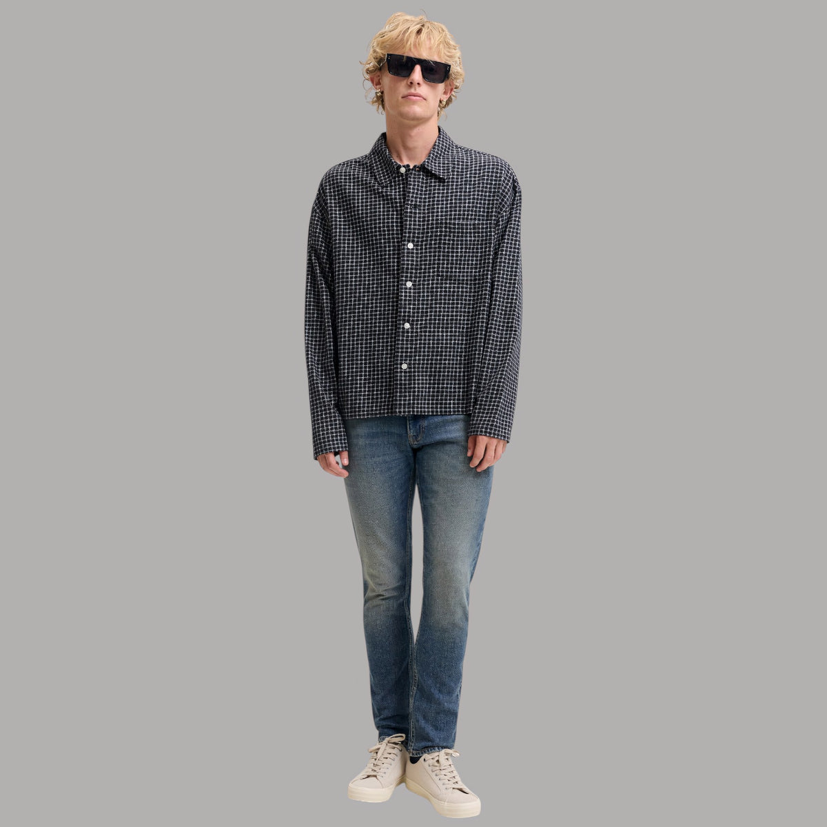 Jeans slim fit Jack & Jones Glenn con vestibilità media, fantasia check blu jeans, vista frontale
