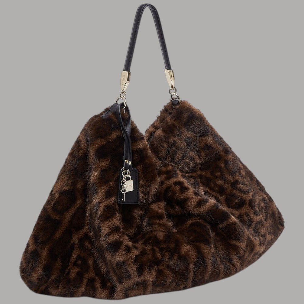  Liu Jo borsa a spalla grande in pelliccia sintetica marrone fantasia con dettagli metallici