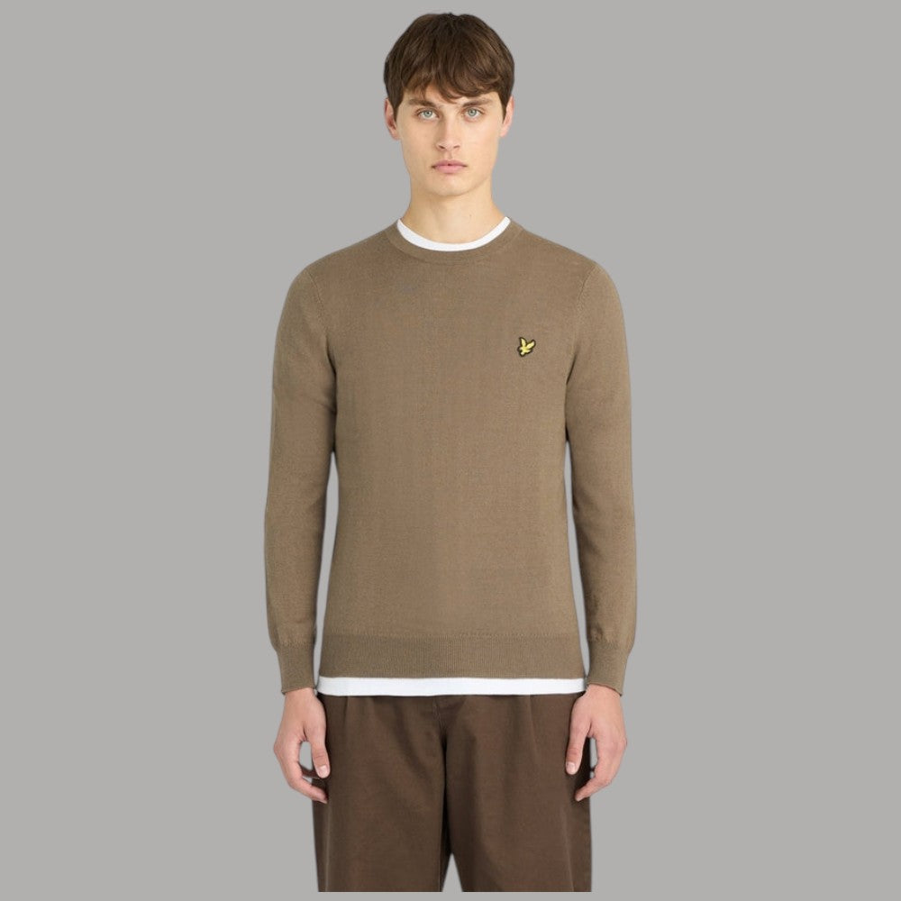Maglione Lyle & Scott marrone a girocollo con logo ricamato sul petto