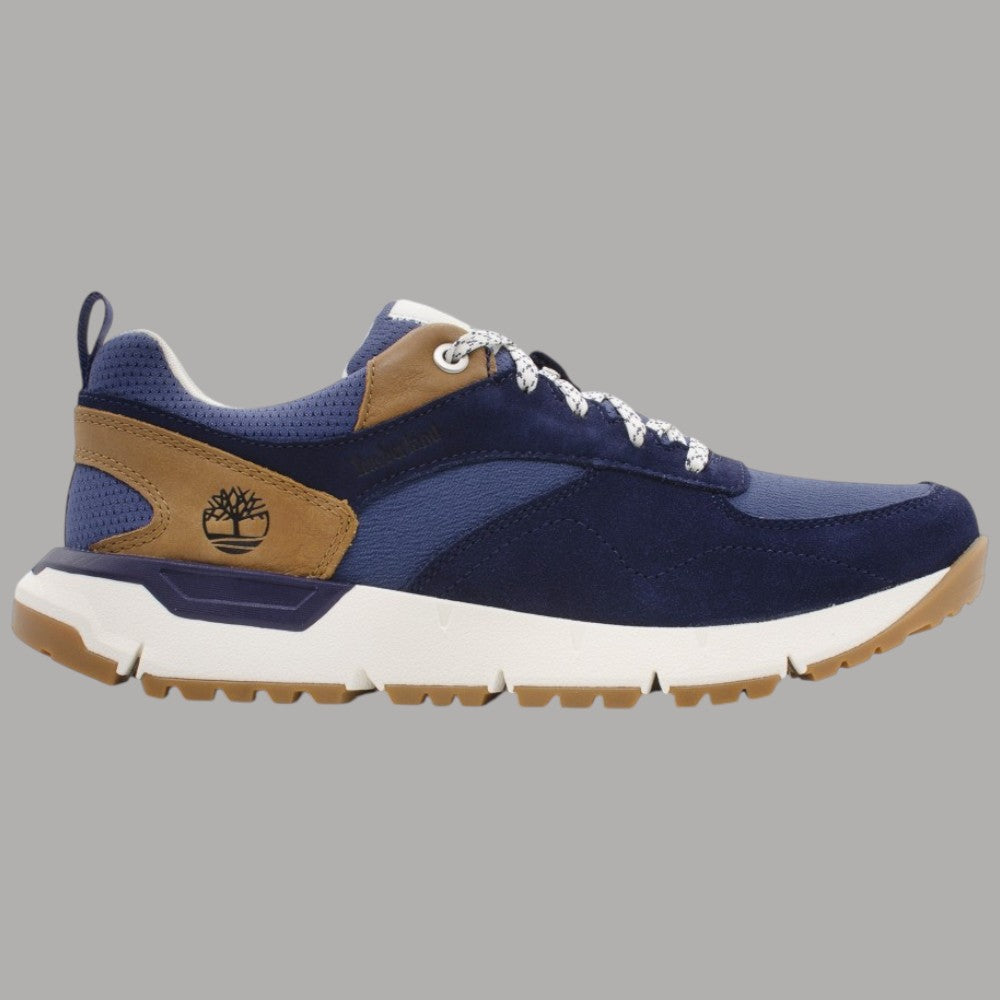 Sneakers Timberland uomo Voyager Park Low Lace in pelle blu, dettagli marroni e suola bianca