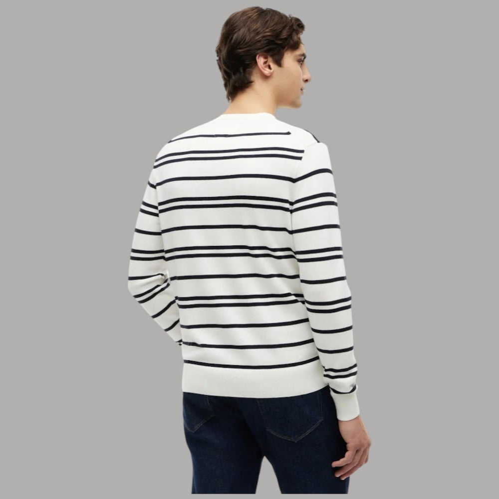 Maglione girocollo a righe bianco e blu navy, logo piccolo sul petto