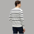 Maglione girocollo a righe bianco e blu navy, logo piccolo sul petto
