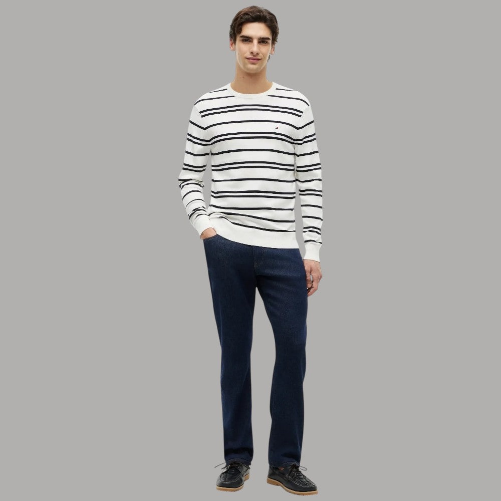 Maglione girocollo a righe bianco e blu navy, polsini e fondo a costine