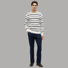 Maglione girocollo a righe bianco e blu navy, polsini e fondo a costine