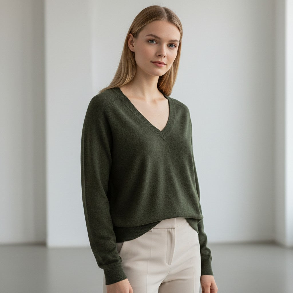 Pullover Vero Moda Holly Karis con scollo a V e polsini a coste in colore verde oliva