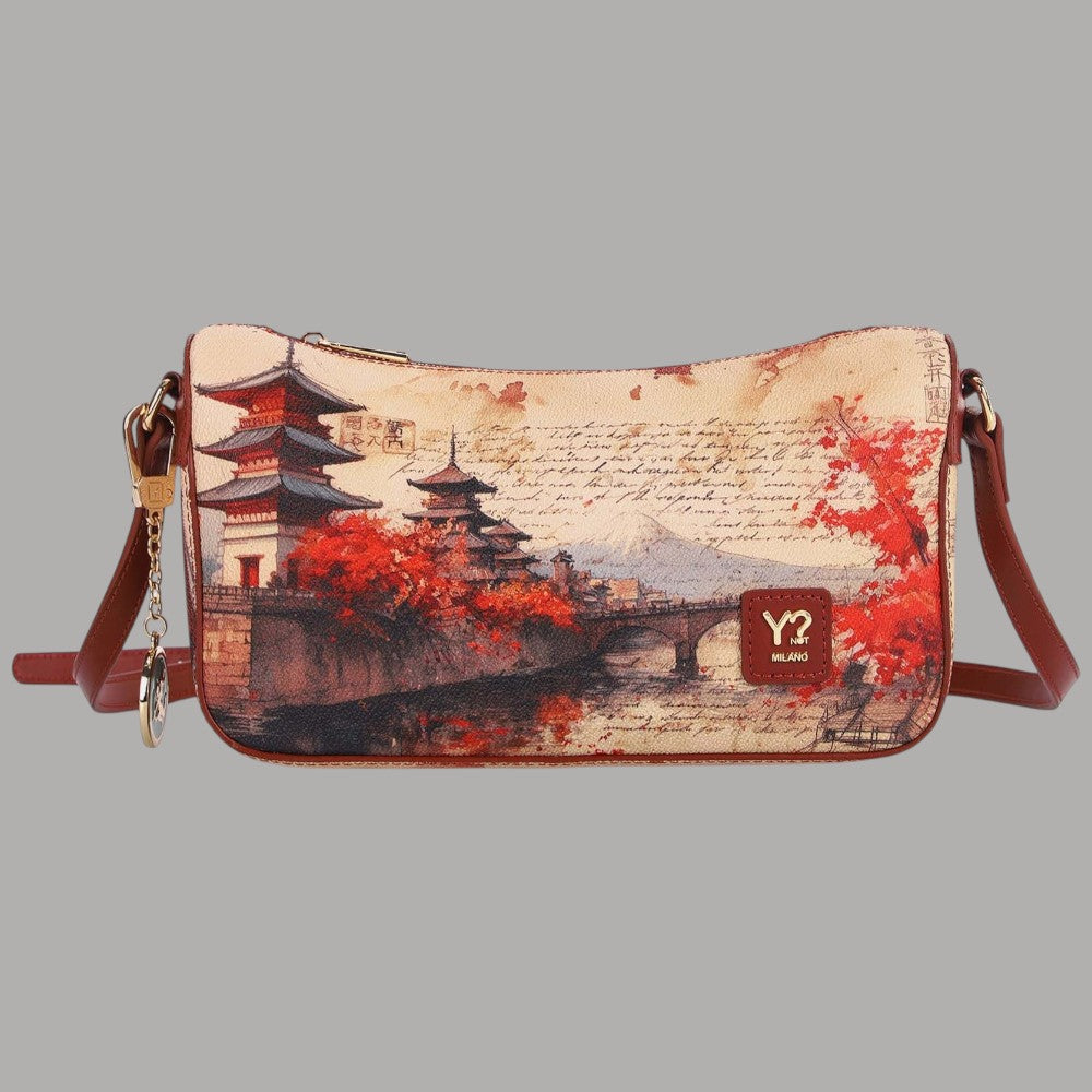Borsa a spalla YNot Clutch stampa città rossa e beige con dettagli dorati