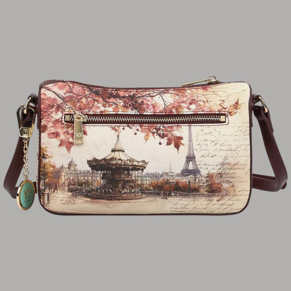 Borsa a spalla YNot Clutch stampa città con Eiffel e quadri in rosa e beige