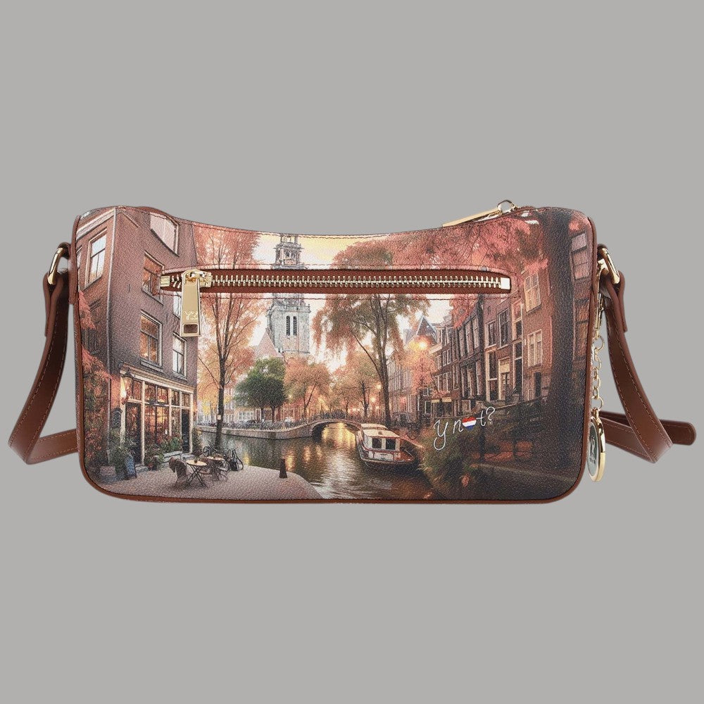 Borsa a spalla YNot Clutch stampa città con dettagli in pelle marrone e zip superiore