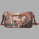 Borsa a spalla YNot Clutch stampa città con dettagli in pelle marrone e zip superiore