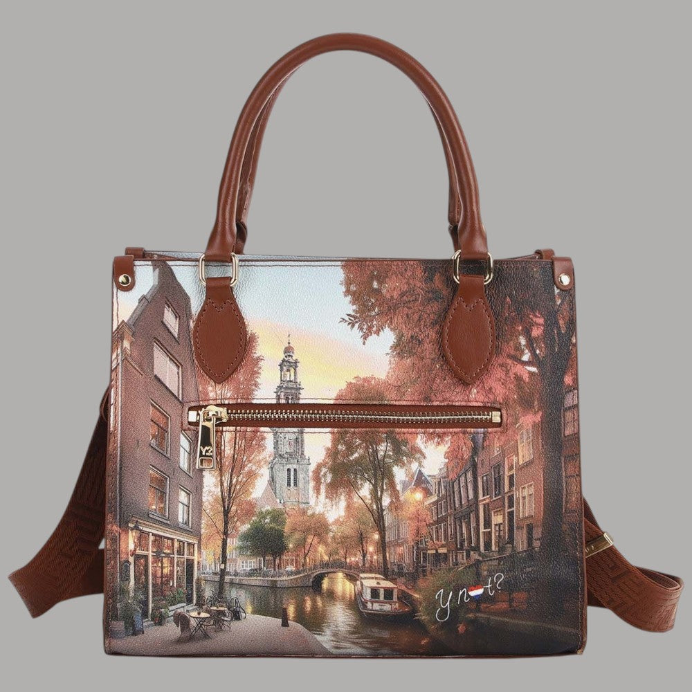 YNot Yes Bag small con stampa città, manici e tracolla in pelle marrone