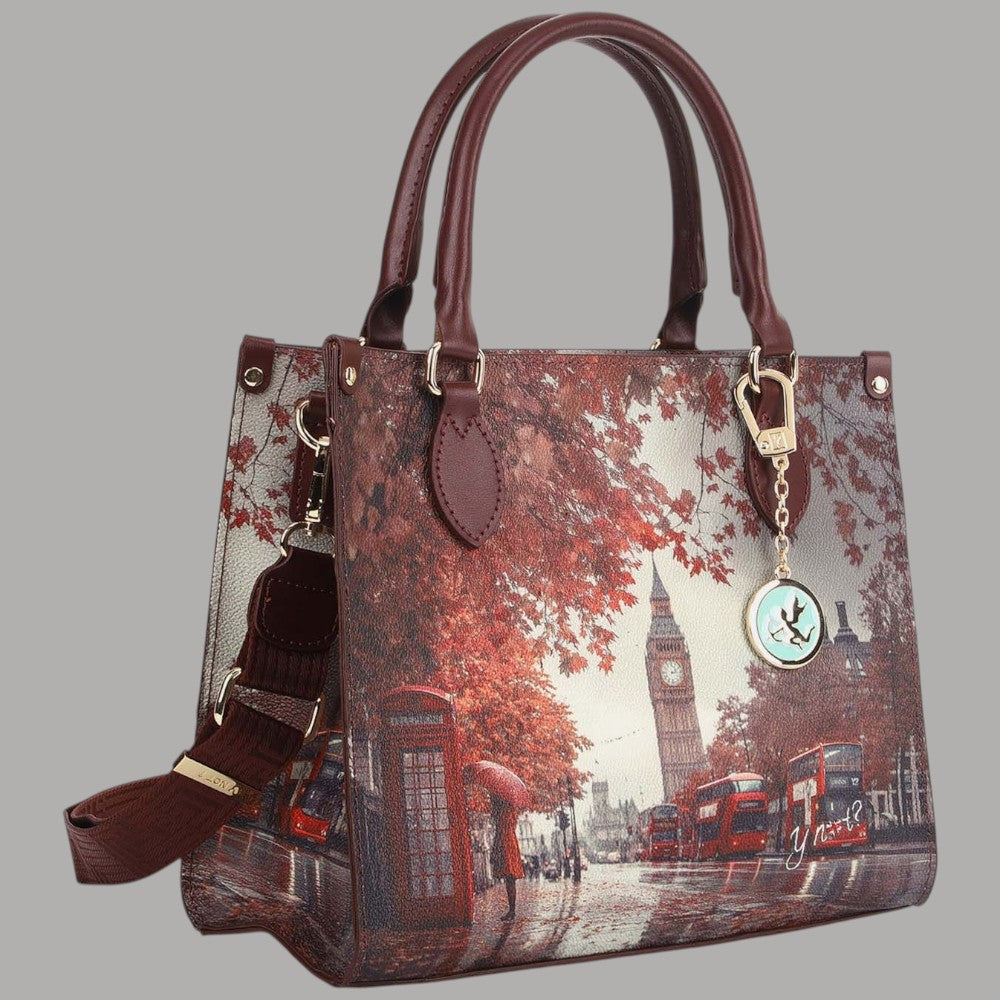 YNot Yes Bag small con stampa città e manici e tracolla in marrone