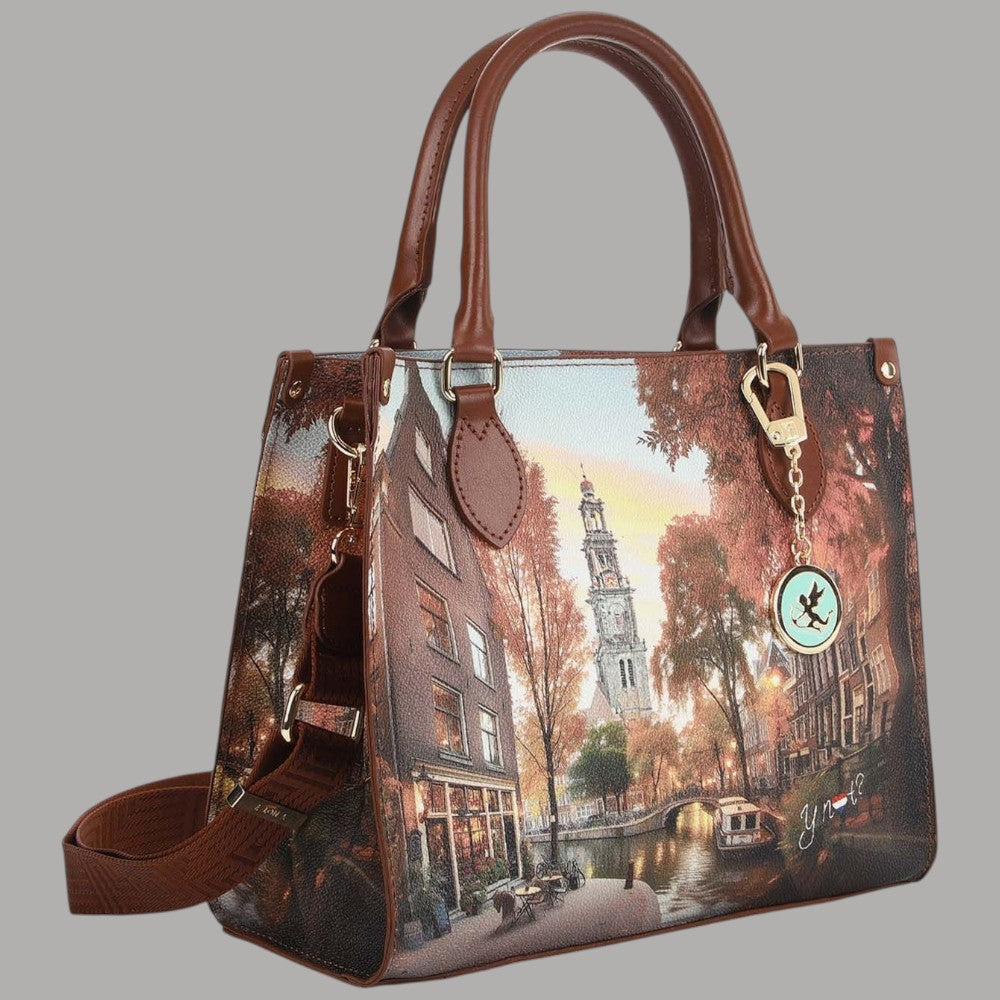 YNot Yes Bag small con stampa città, manici e tracolla in tonalità calde