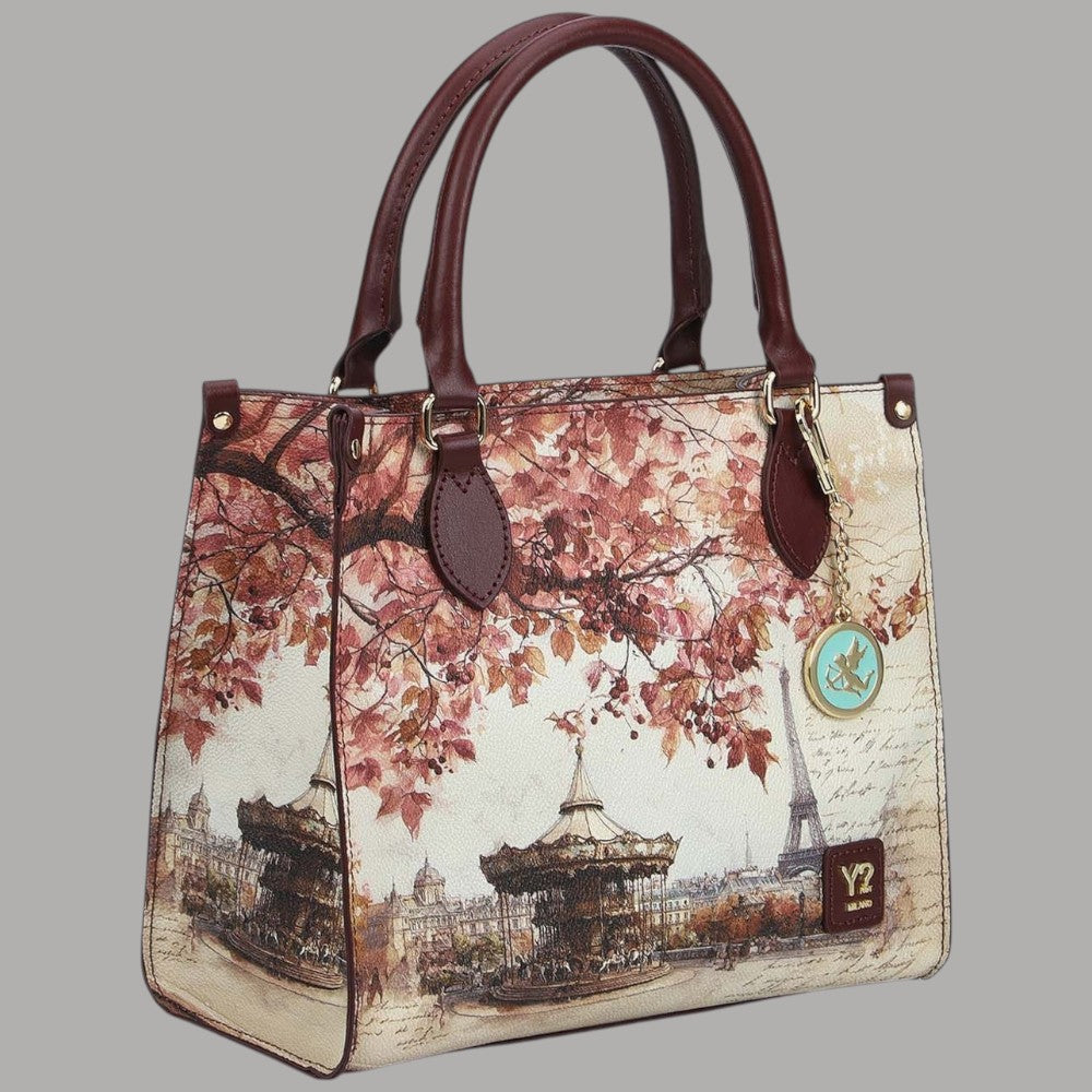 YNot Yes Bag small con stampa città, dettagli in marrone e tracolla