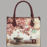 YNot Yes Bag small con stampa città, manici e tracolla in pelle bordeaux e decorazioni