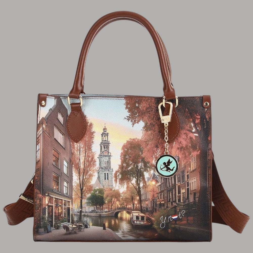 YNot Yes Bag small con stampa città, manici e tracolla, vista frontale