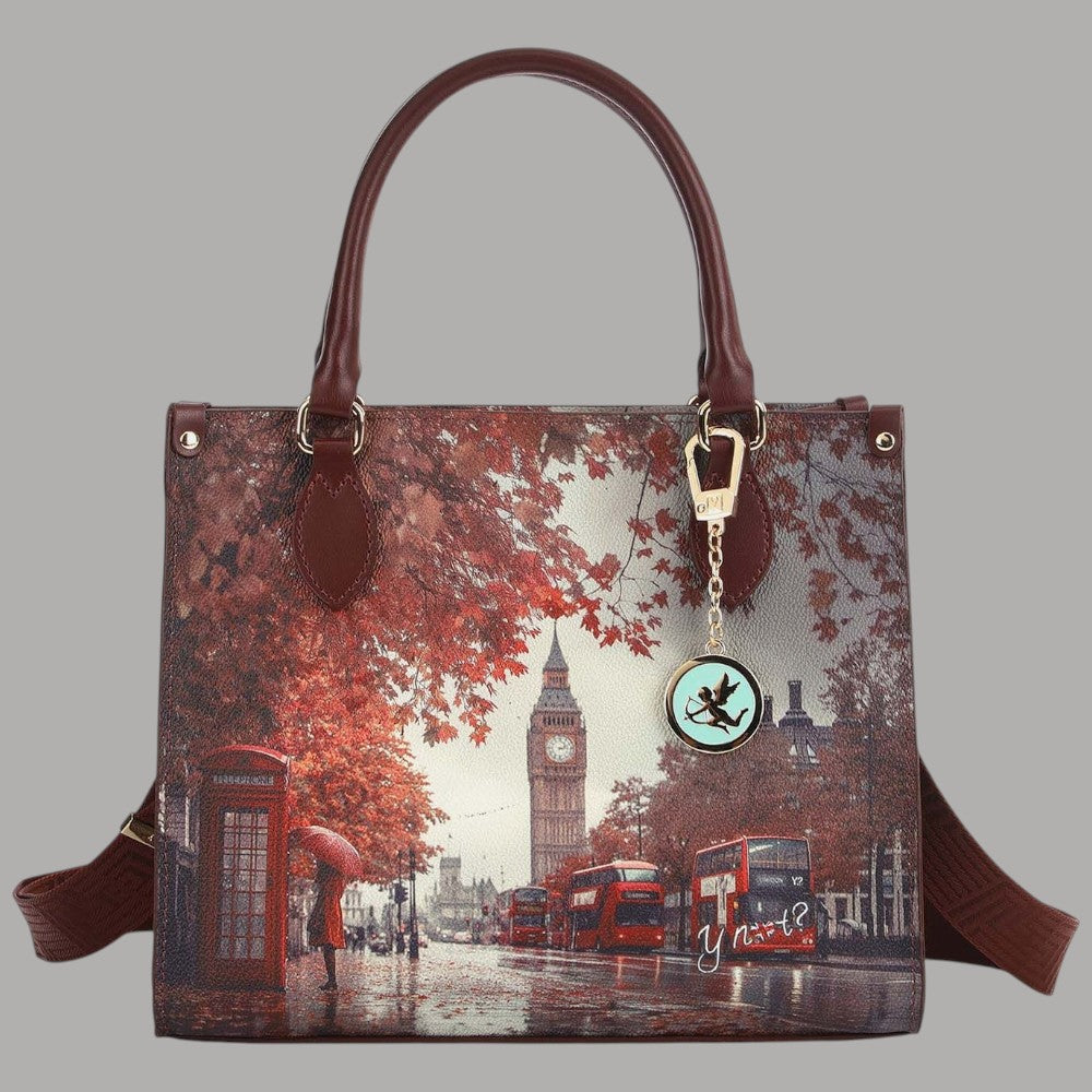 YNot Yes Bag small tote bag con stampa città, alberi rossi e dettagli in pelle