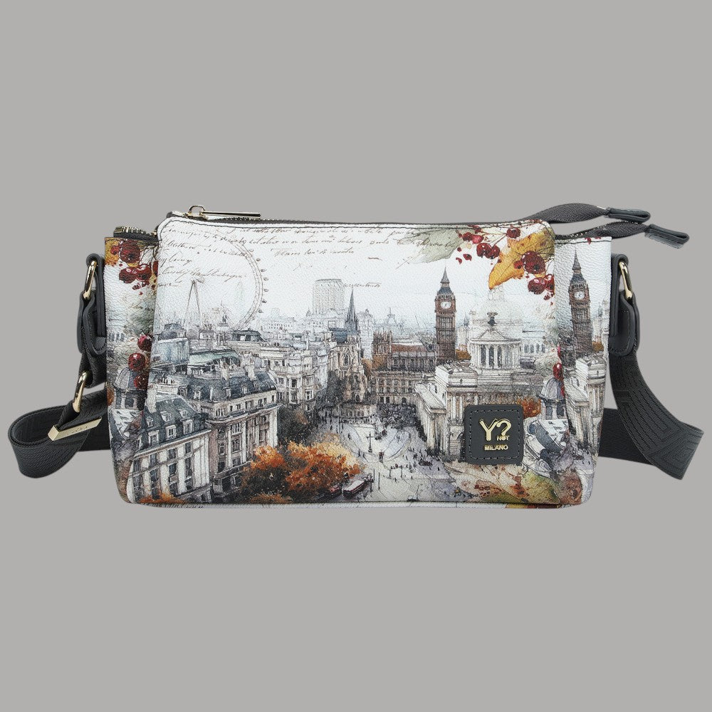 Borsa a spalla YNot Yes con stampa città, dettagli colorati e scomparti