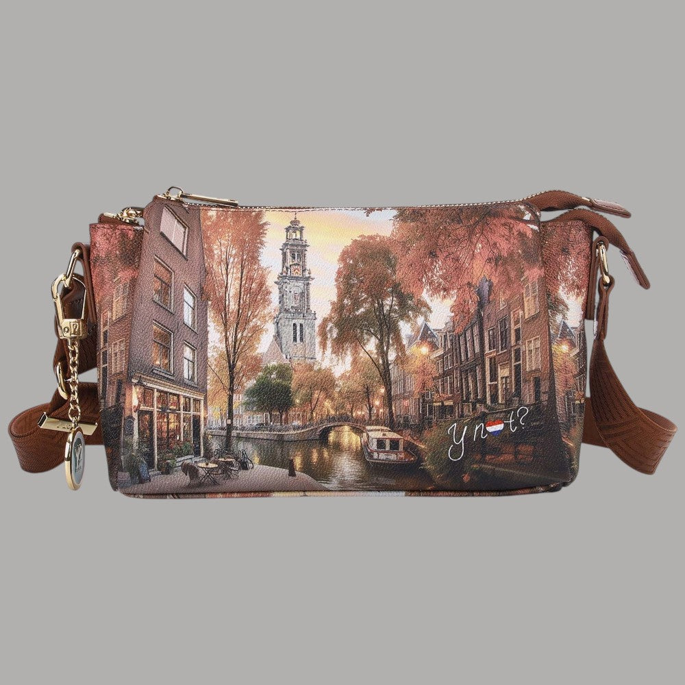 Borsa a spalla YNot Yes con stampa città, 3 scomparti e texture liscia marrone