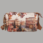 Borsa a spalla YNot Yes con stampa città, texture in stoffa con dettagli marroni