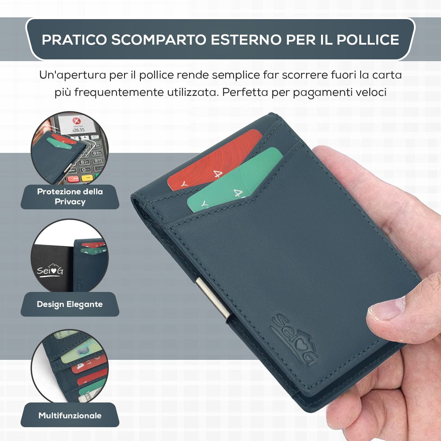 SEI G Portafoglio blu uomo portacarte blocco RFID Portafogli SEI G