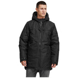 Parka uomo nera con cappuccio e zip centrale, orlo dritto.