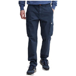 Pantaloni cargo blu con tasche laterali e bottone in vita