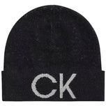 Cappello da donna nero in maglia con logo CK frontale bianco
