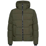 Giacca piumino puffa verde con cappuccio e zip frontale