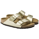 Ciabatte Birkenstock Arizona oro, laterale con doppia fascia e suola scura