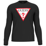 Maglia a maniche lunghe nera con logo Guess triangolare rosso sul davanti
