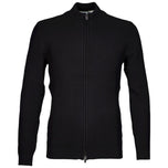 Maglia full zip nera in maglia a coste, collo alto e zip frontale.